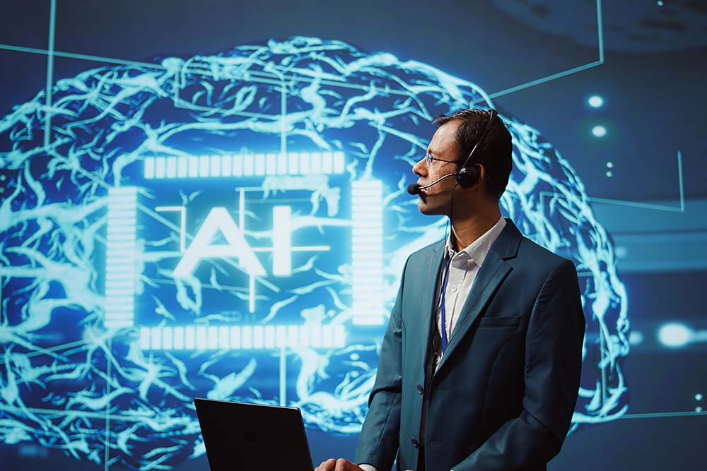 Speaker talking with audience during remote call online AI webinar about the EU AI Act